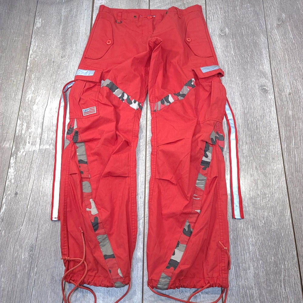 UFO Cargo Pants Womens XS Red Camo Reflective Tactical Rave Streetwear